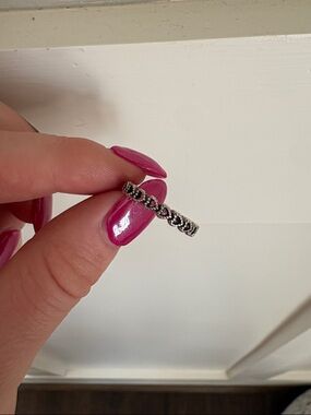 Pandora Silver Heart Band Ring with Black Accents